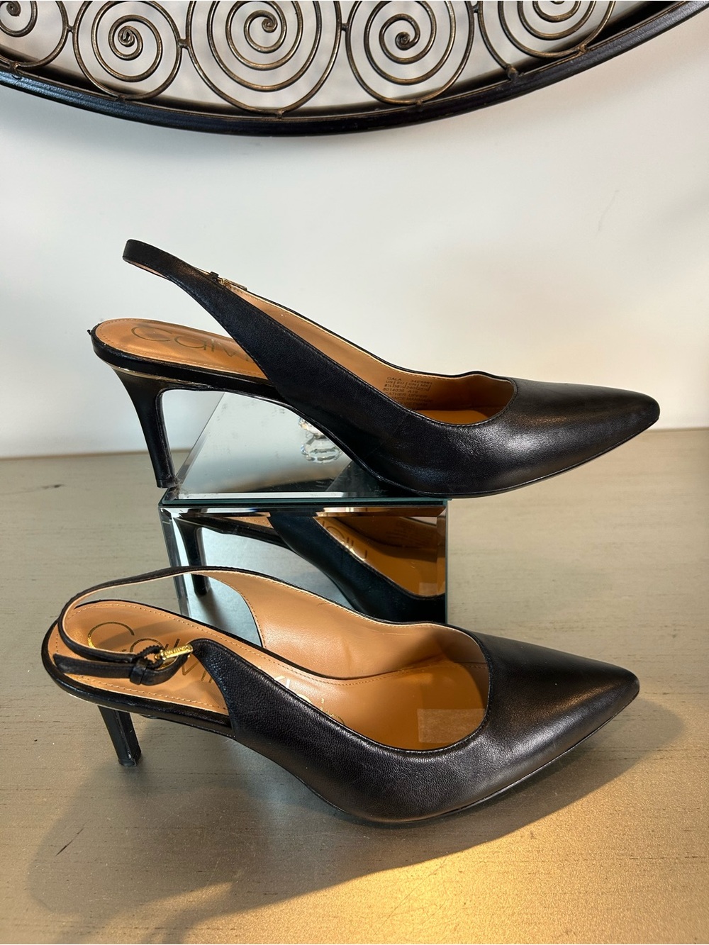 Calvin Klein Black Leather Pointed Slingback Heels